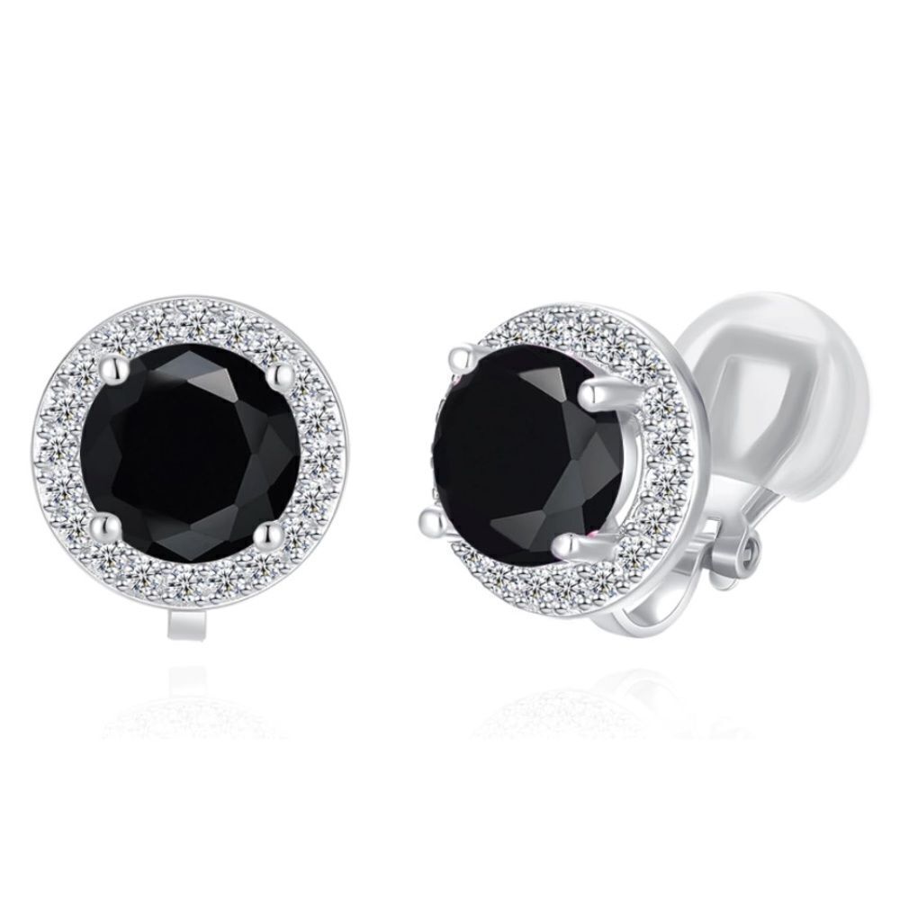 Silver with Black Onyx and White Diamond Cubic Zirconia Stud Clip On Earrings